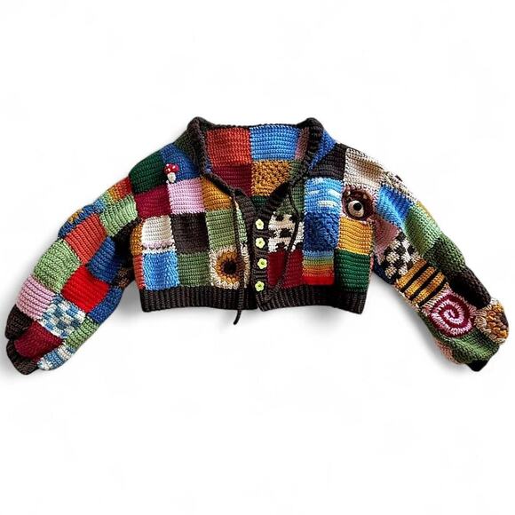 Handmade Crochet Granny Square Patchwork Cardigan Colorful Boho Sweater M - Picture 3 of 8